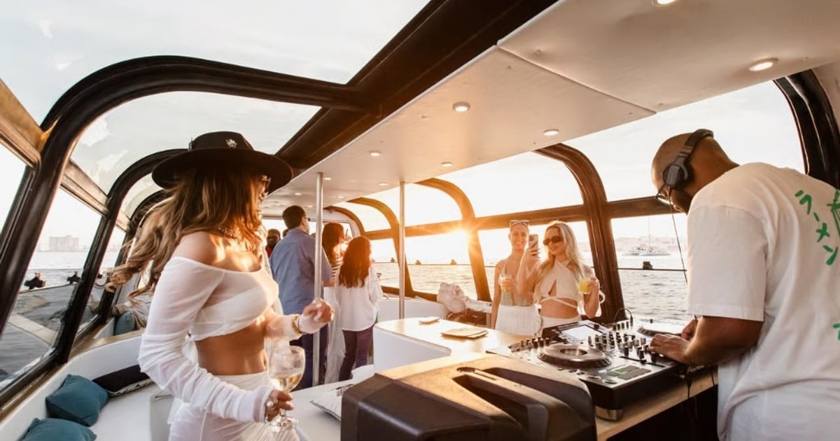 Sunset DJ party cruise on the Tagus River in Lisbon